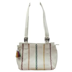 Brighton White Leather‎ Shoulder Bag Rainbow Stitching Tassel Charm Designer